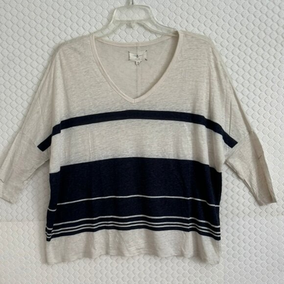 Lou & Grey 100% Linen V Neck 3/4 Sleeve Blue Ivory Stripe Top Size XS VG Cond - Picture 2 of 5